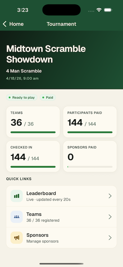 Pinli mobile app showing tournament status with teams, paid participants, and quick links to leaderboard
