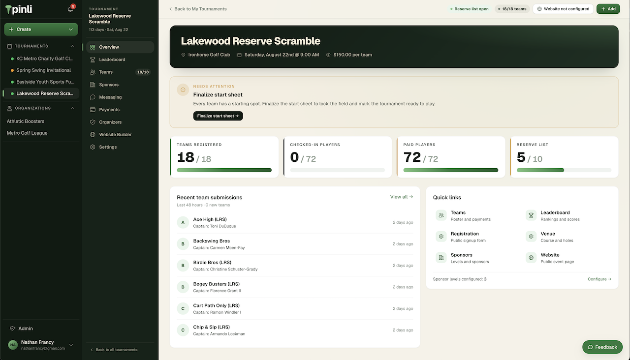 Tournament dashboard for a charity event showing 36 of 36 teams registered, payment progress, and a finalize-start-sheet action