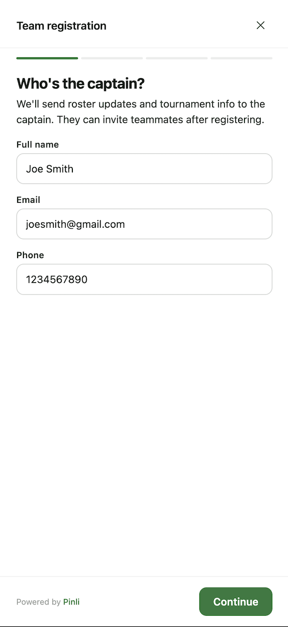 Pinli registration wizard opened on a third-party tournament website on mobile
